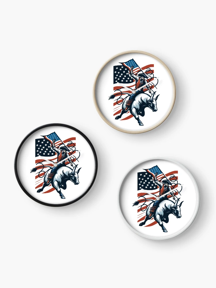 Thumbnail 3 of 4, Clock, Patriotic Rodeo: American Spirit Bull Rider designed and sold by RanchersRoots.