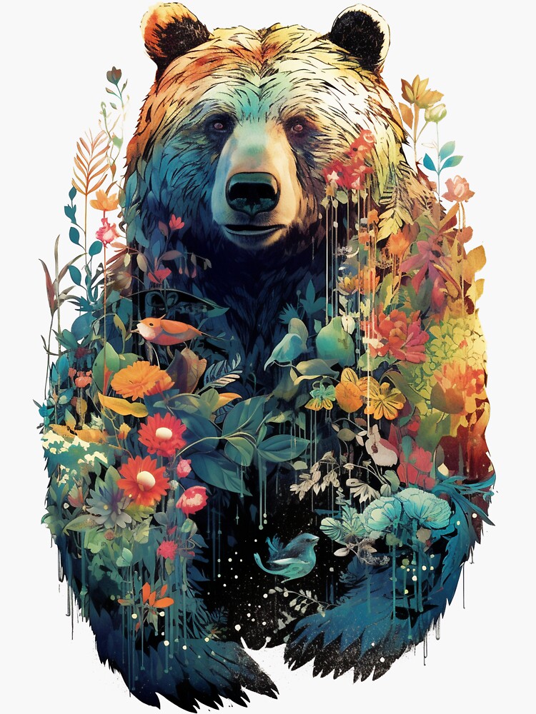 Thumbnail 3 of 3, Sticker, Watercolor Whimsical Geo Grizzly Bear - Black designed and sold by FoxfireStardust.