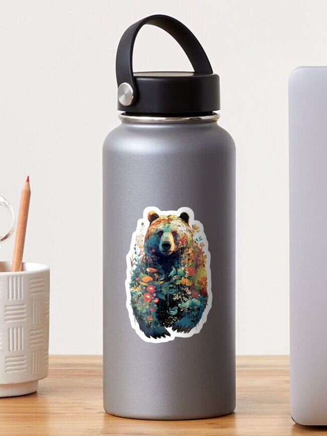 Thumbnail 1 of 3, Sticker, Watercolor Whimsical Geo Grizzly Bear - Black designed and sold by FoxfireStardust.