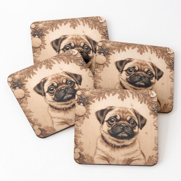 Item preview, Christmas with Pug: The Playful Soul of Wood (Pyro Pets Art - 215) designed and sold by pyropetsart.