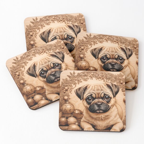 Item preview, Christmas with Pug: The Playful Soul of Wood (Pyro Pets Art - 216) designed and sold by pyropetsart.