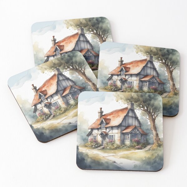 Item preview, White Beamed Medieval Country House Watercolor designed and sold by MeadowFarmPrint.