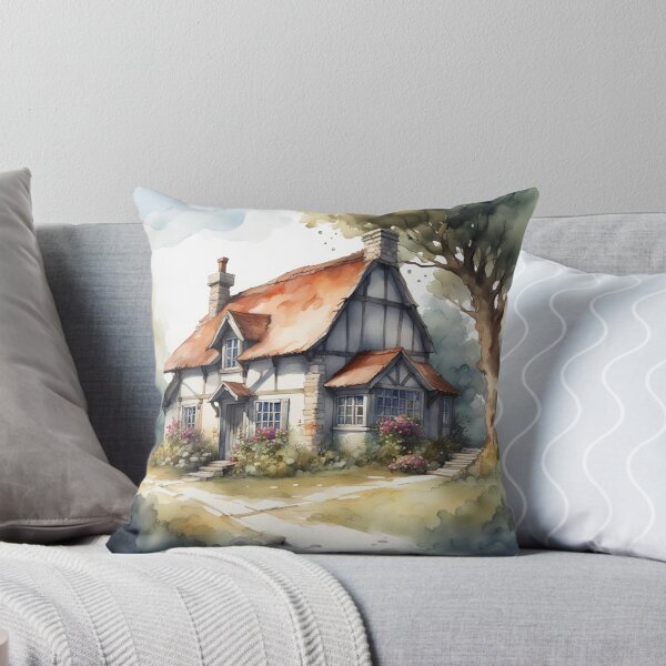 Aperçu de l'œuvre Aquarelle de maison de campagne médiévale aux poutres blanches créée et vendue par MeadowFarmPrint.