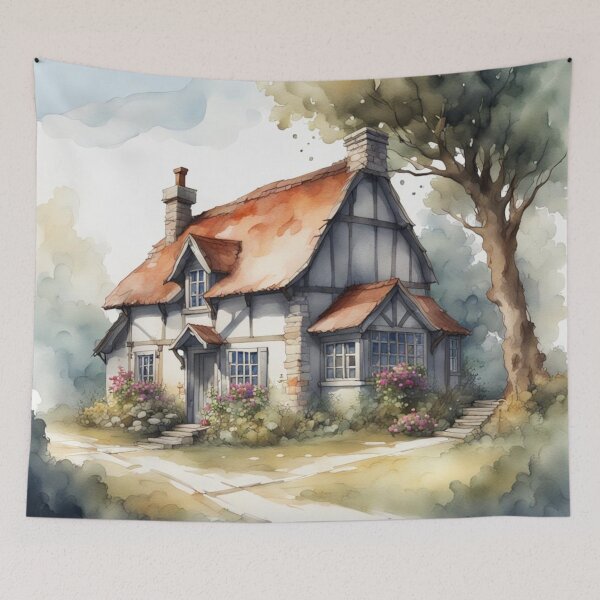 Item preview, White Beamed Medieval Country House Watercolor designed and sold by MeadowFarmPrint.