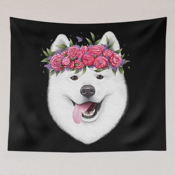 Item preview, Samoyed with flowers on black designed and sold by Valeriya Korenkova Kodamorkovkart.