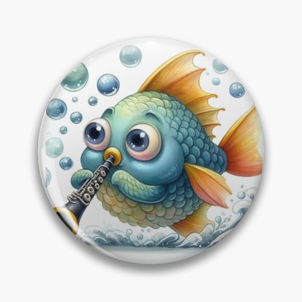 Item preview, Blue and gold fish playing the clarinet / oboe designed and sold by ElegantTeaTime.