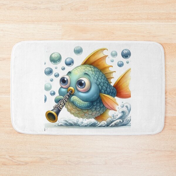 Item preview, Blue and gold fish playing the clarinet / oboe designed and sold by ElegantTeaTime.