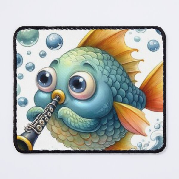 Item preview, Blue and gold fish playing the clarinet / oboe designed and sold by ElegantTeaTime.