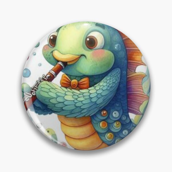 Item preview, Blue and gold fish playing the clarinet / oboe designed and sold by ElegantTeaTime.