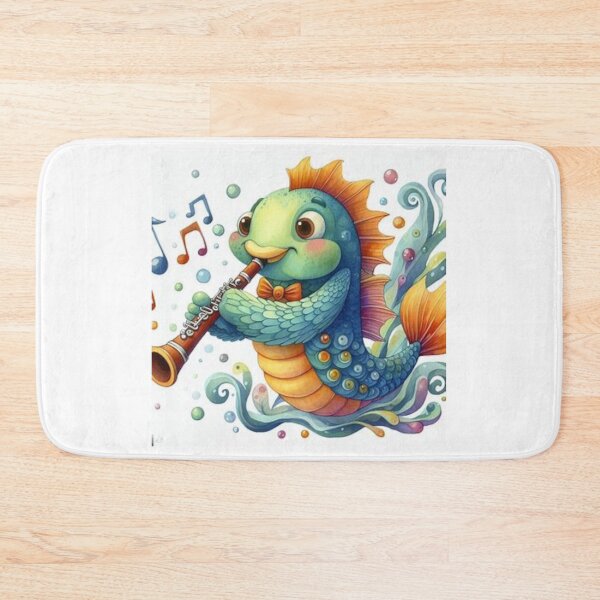 Item preview, Blue and gold fish playing the clarinet / oboe designed and sold by ElegantTeaTime.