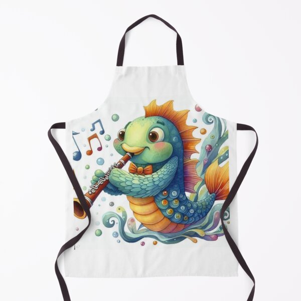 Item preview, Blue and gold fish playing the clarinet / oboe designed and sold by ElegantTeaTime.