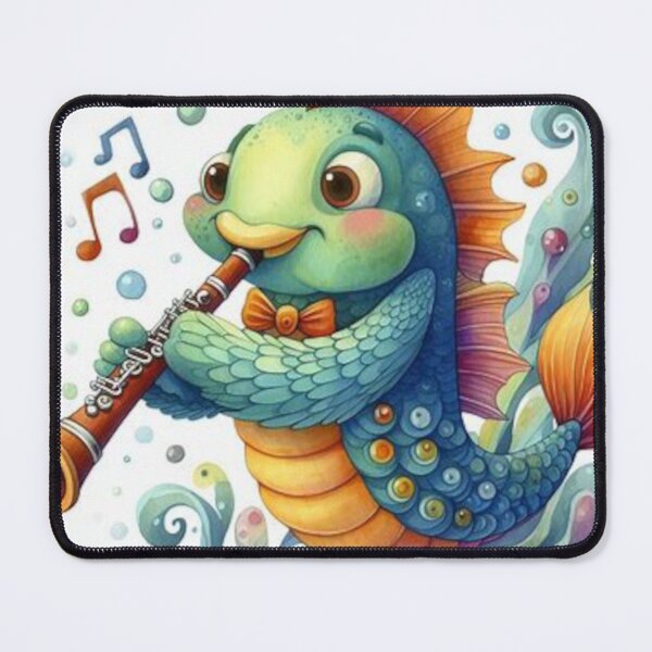 Item preview, Blue and gold fish playing the clarinet / oboe designed and sold by ElegantTeaTime.