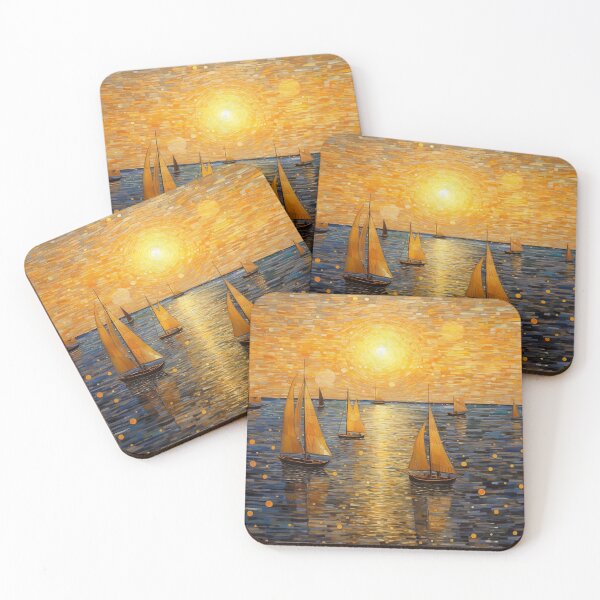 Item preview, Golden Sparkly Sunset over the Ocean with Sail Boats designed and sold by Neika Shimm Designs.
