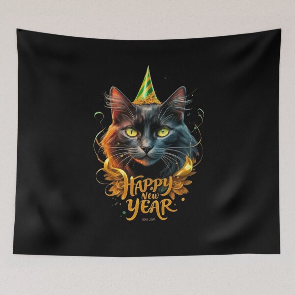 Item preview, Black Cat with Happy New Year style designed and sold by BlueGoldArt.