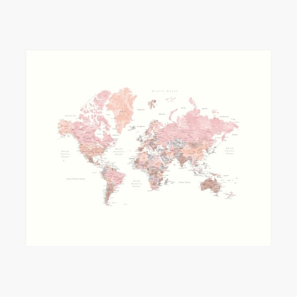 Vista previa del artículo con la obra «Mapa mundial en acuarela con ciudades, Namine», diseñado y vendido por blursbyai.