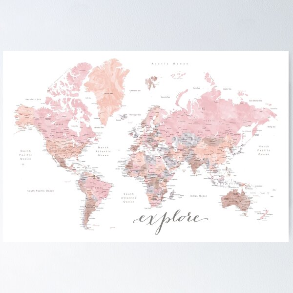 Vista previa del artículo con la obra «Explorar - Mapa mundial en acuarela con ciudades, Namine», diseñado y vendido por blursbyai.