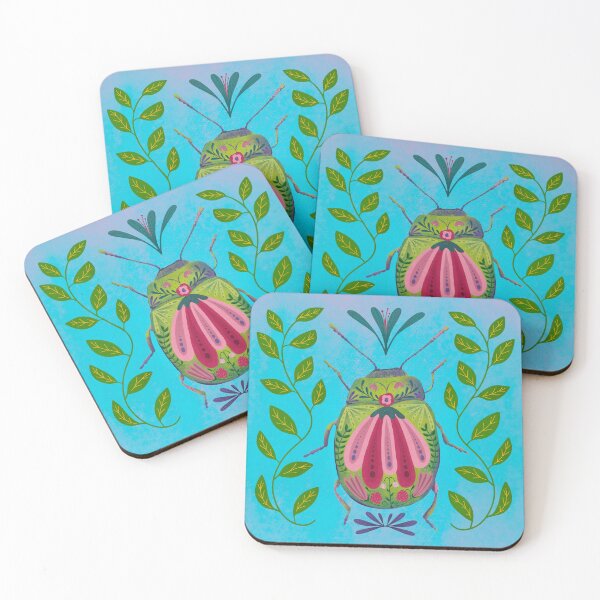 Item preview, Whimsical Beetle Bug Drawing with leaves and flower pattern designed and sold by Kathy Osborne Studio.