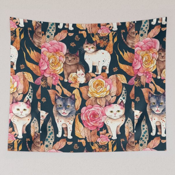Item preview, Flowing Elegance: Cats Among the Roses and Pomegranate Surroundings designed and sold by BorczVisuals.