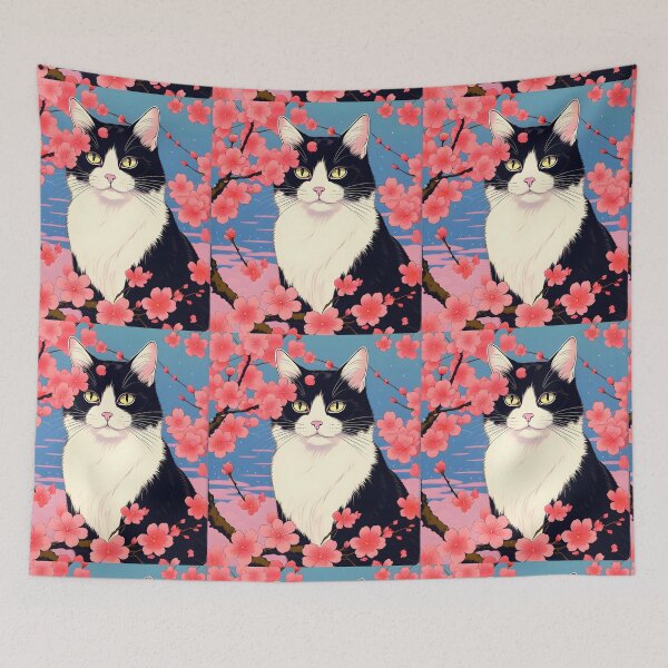 Item preview, Japanese Tuxedo cat with sakura designed and sold by Catophile.