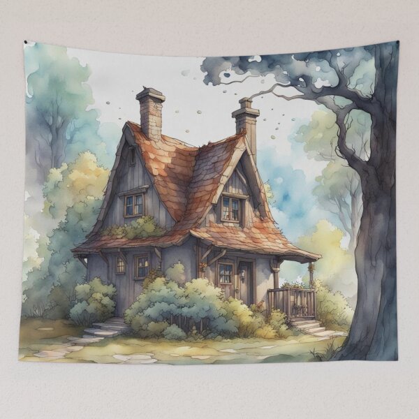 Item preview, Old Wooden House in the Forest Watercolor designed and sold by MeadowFarmPrint.