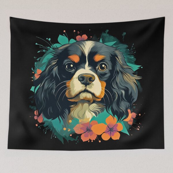 Item preview, Cavalier king charles spaniels mini dog breed black and tan puppy cute illustration designed and sold by NBSStore.