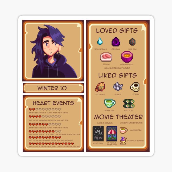 Aperçu de l'œuvre Carte d'information de Sebastian - Stardew Valley créée et vendue par MusicalNomad.