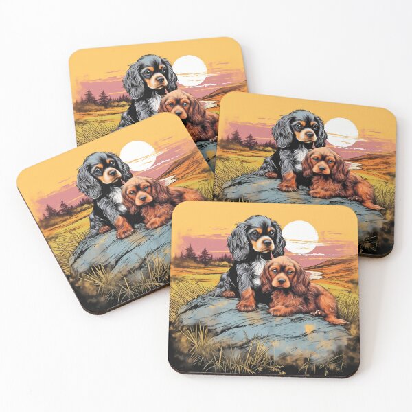 Item preview, Cute Cavalier king charles spaniels mini dog breed black and tan puppies illustration designed and sold by NBSStore.