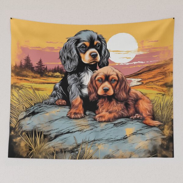 Item preview, Cute Cavalier king charles spaniels mini dog breed black and tan puppies illustration designed and sold by NBSStore.