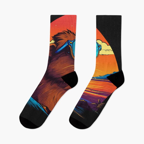 Item preview,  Capybara wearing sunglasses on a background of sunset designed and sold by Linework Studio.