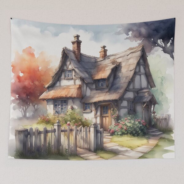 Item preview, Medieval House in a Country Garden Watercolor designed and sold by MeadowFarmPrint.