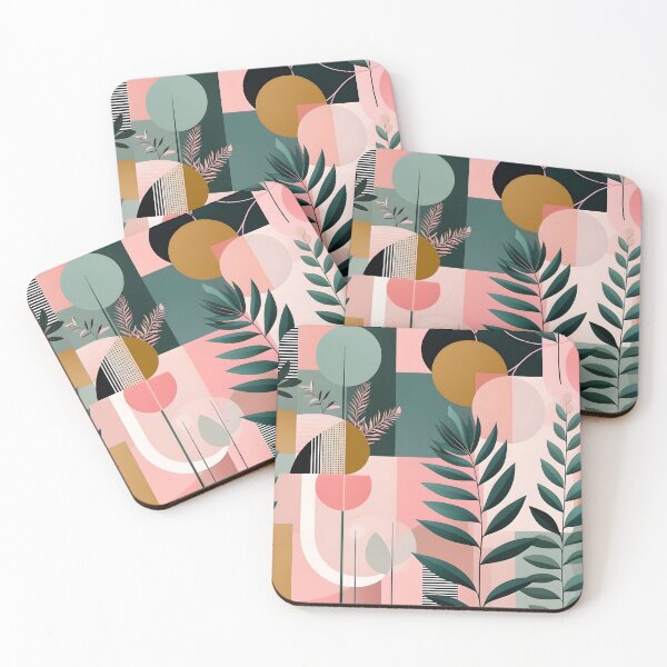 Item preview, Mid Century Botanical Retro Geometric Leaves  Florals Pink, Green #1 designed and sold by Prints and Lifestyle.