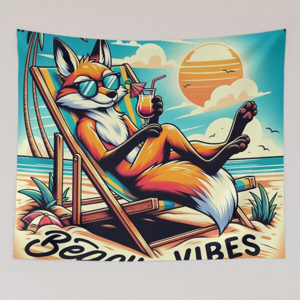Artikelvorschau, Cartoon-Fuchs faulenzt im Strandkorb „Beach Vibes“ entworfen und verkauft von Zestpond.