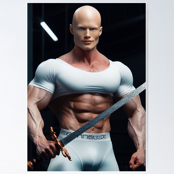 Nordic bald strong man holding sword Poster