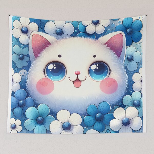 Item preview, Adorable Fluffy Kitten Amongst Blue Flowers designed and sold by inkArtistryfine.
