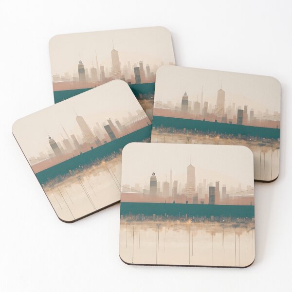 Item preview, Boho Chic Neutral Teal Beige Minimalist Cityscape Skyline Art designed and sold by LEILA ART SPACE.