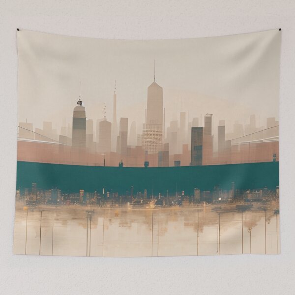 Item preview, Boho Chic Neutral Teal Beige Minimalist Cityscape Skyline Art designed and sold by LEILA ART SPACE.