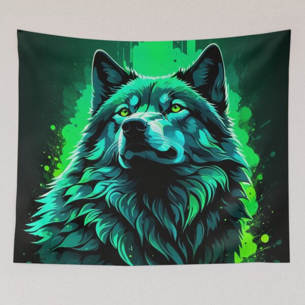 Artikelvorschau, Wolf (Porträt tropfender Farbe) auf grüner Basis entworfen und verkauft von Gilby-Designs.