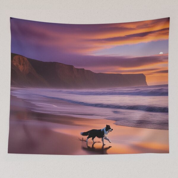 Item preview, The beach and cliffs at sunset, and a happy dog designed and sold by JangmiHorang.