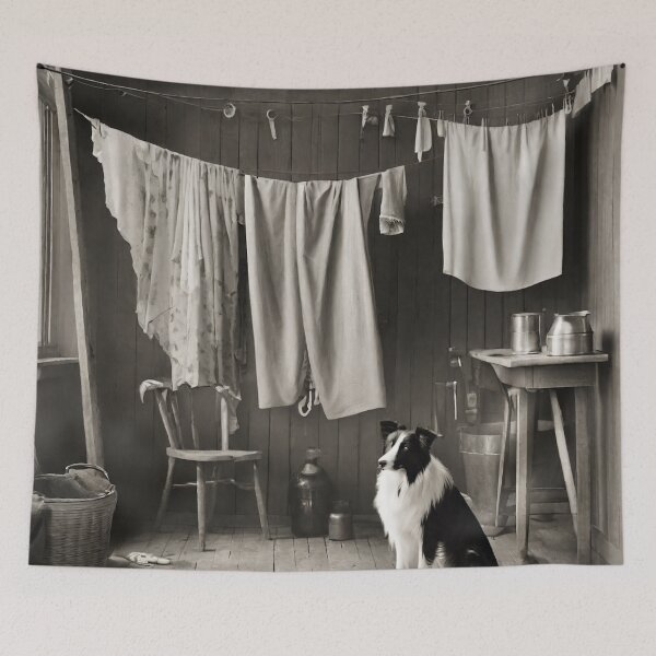 Item preview, Old fashioned scene of Washing on the line in the kitchen with a Border Collie Dog.  designed and sold by Barbara Burgess.