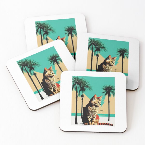 Item preview, Cat sitting on the Miami waterfront with palm trees designed and sold by BlueGoldArt.