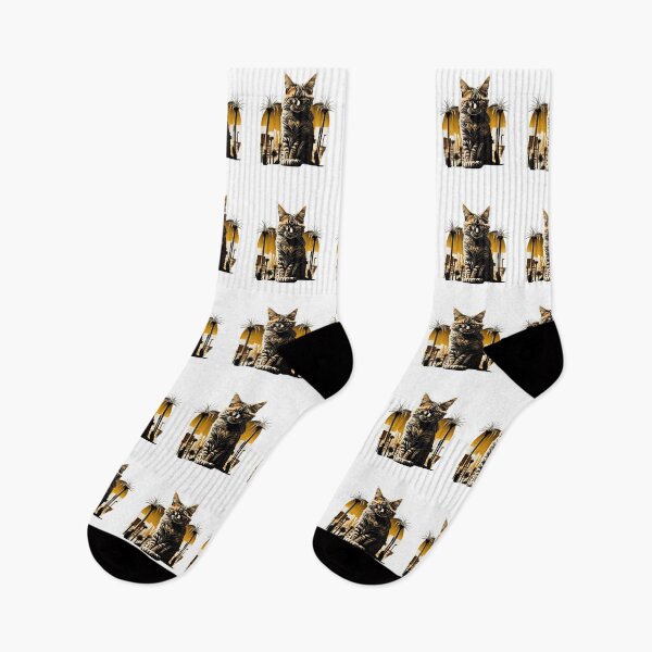 Item preview, Gold and brown cat in Vegas with palm trees at sunrise designed and sold by BlueGoldArt.