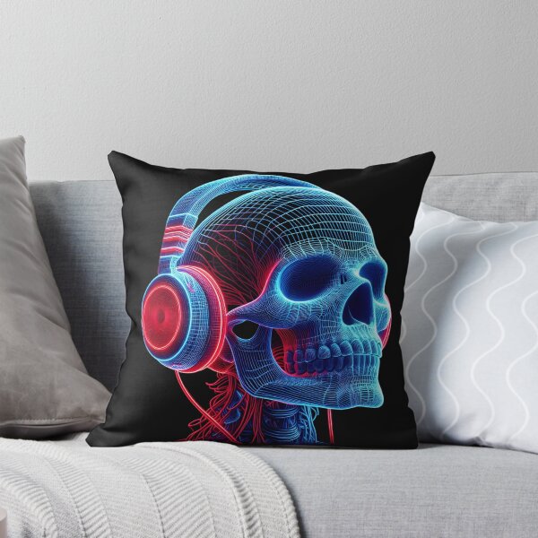 Item preview, “Glowing Vibes: Neon Cyber Wireframe Skull Wearing Headphones!” designed and sold by Aroncross111.