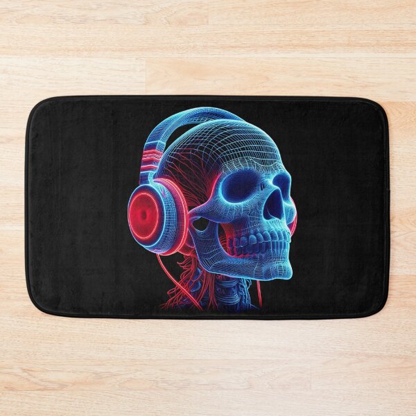 Item preview, “Glowing Vibes: Neon Cyber Wireframe Skull Wearing Headphones!” designed and sold by Aroncross111.