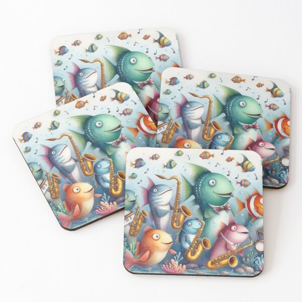 Item preview, Colorful fish jazz band with saxophones drums and keyboard designed and sold by ElegantTeaTime.