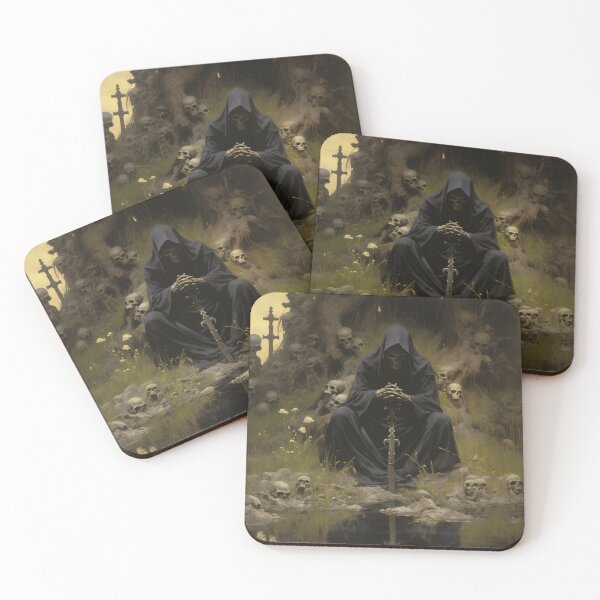 Item preview, The Grim Reaper Kneeling in a swamp surrounded by skull designed and sold by Stillness store.