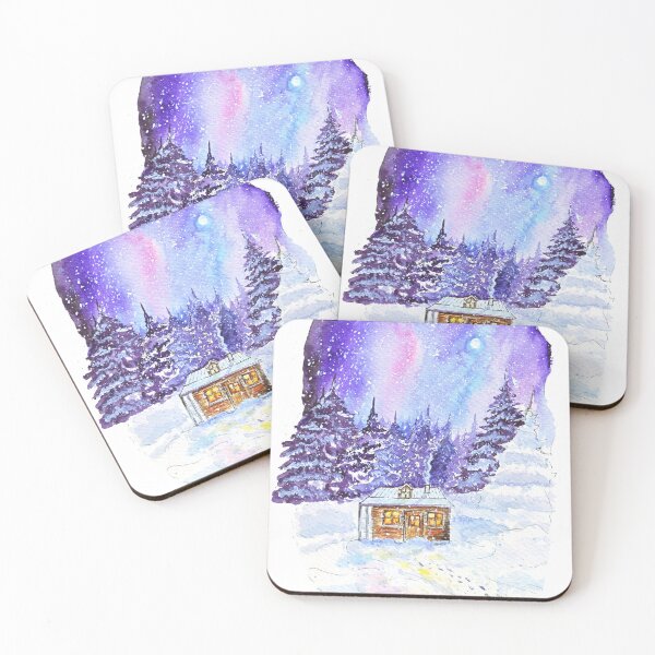 Item preview, Snowy Night: Watercolor Winter Landscape with Cozy Cottage designed and sold by Wolshebnaja.