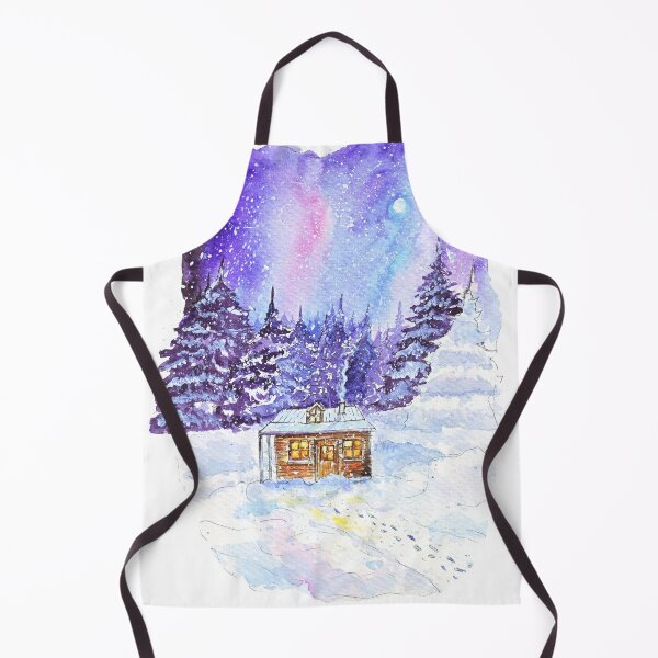 Item preview, Snowy Night: Watercolor Winter Landscape with Cozy Cottage designed and sold by Wolshebnaja.