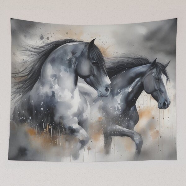 Item preview, Black Stallions in the Mist on a Splash Paint background designed and sold by Wolfheartart.