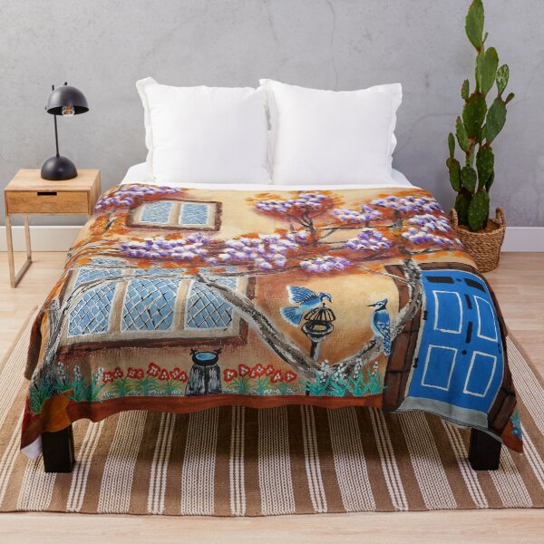 Item preview, wisteria facade with fox and blue jays designed and sold by janjacbu.