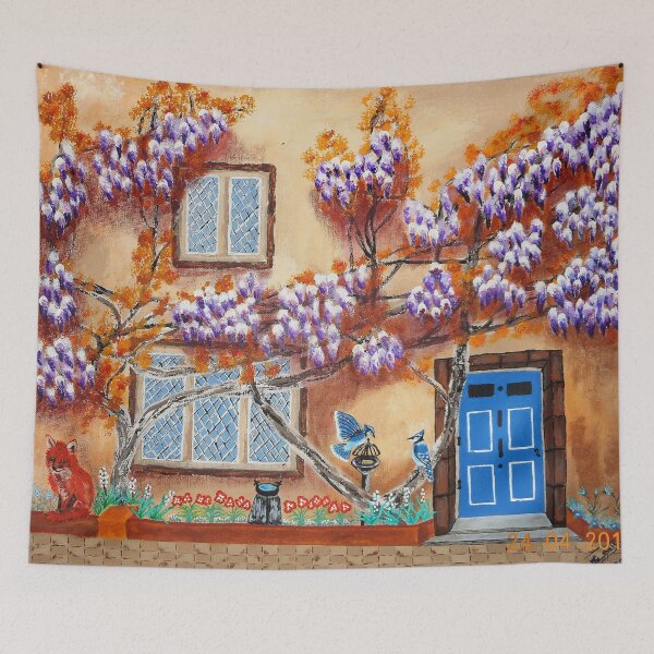 Item preview, wisteria facade with fox and blue jays designed and sold by janjacbu.